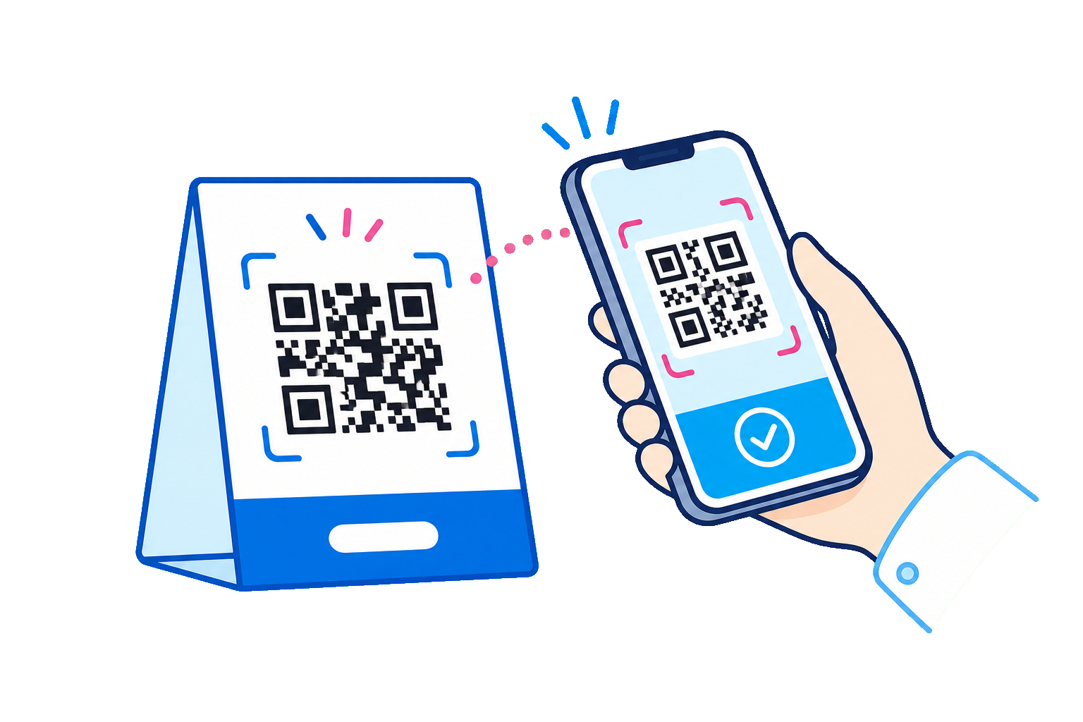 店頭POPのQRコードをスマートフォンで読み取るイラスト