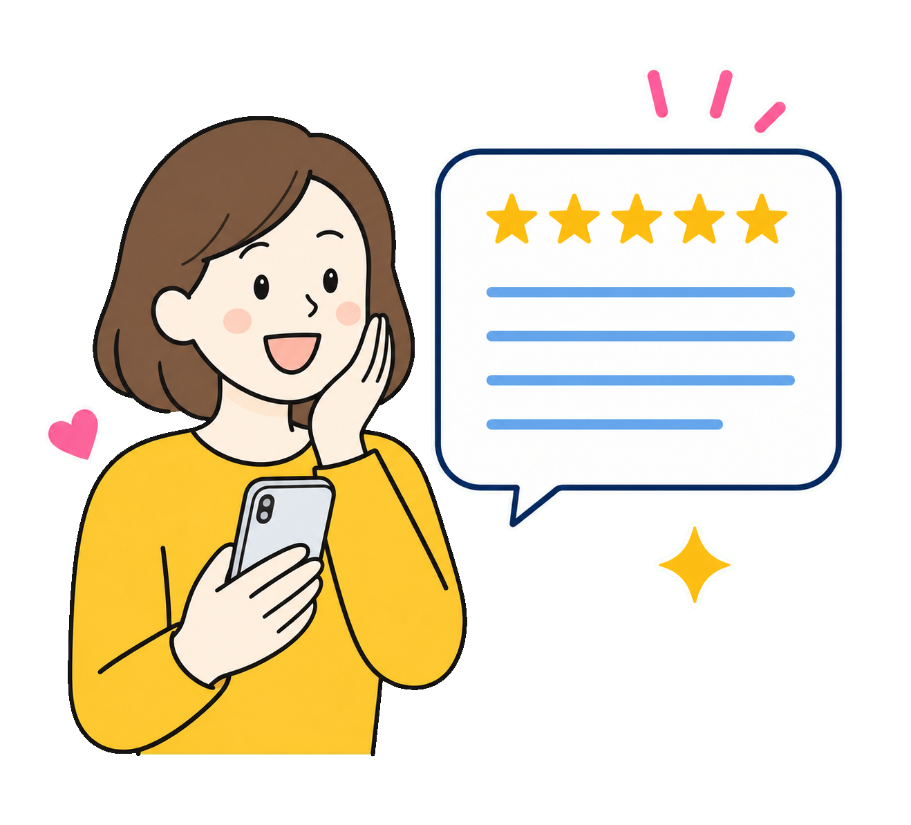 星評価付きの吹き出しと笑顔のお客様のイラスト